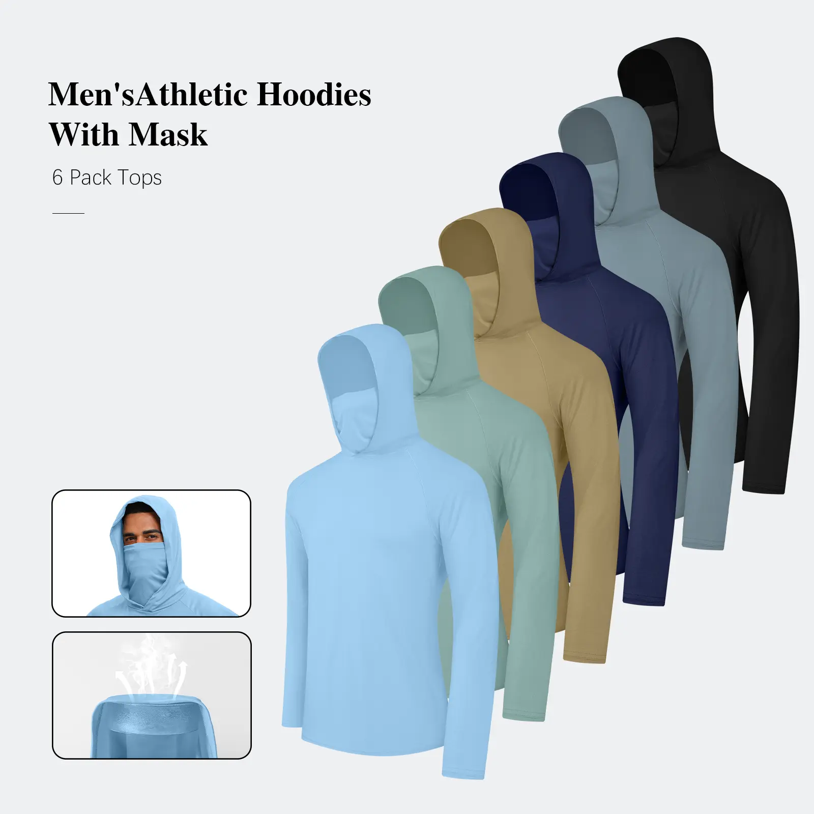 6 PACK Mens Fishing Hoodie UV Sun Protection Shirts UPF Rash Guard Long Sleeve Shirts Hiking Performance Mesh Face Mask Top Athletic Clothes Athletic Apparel