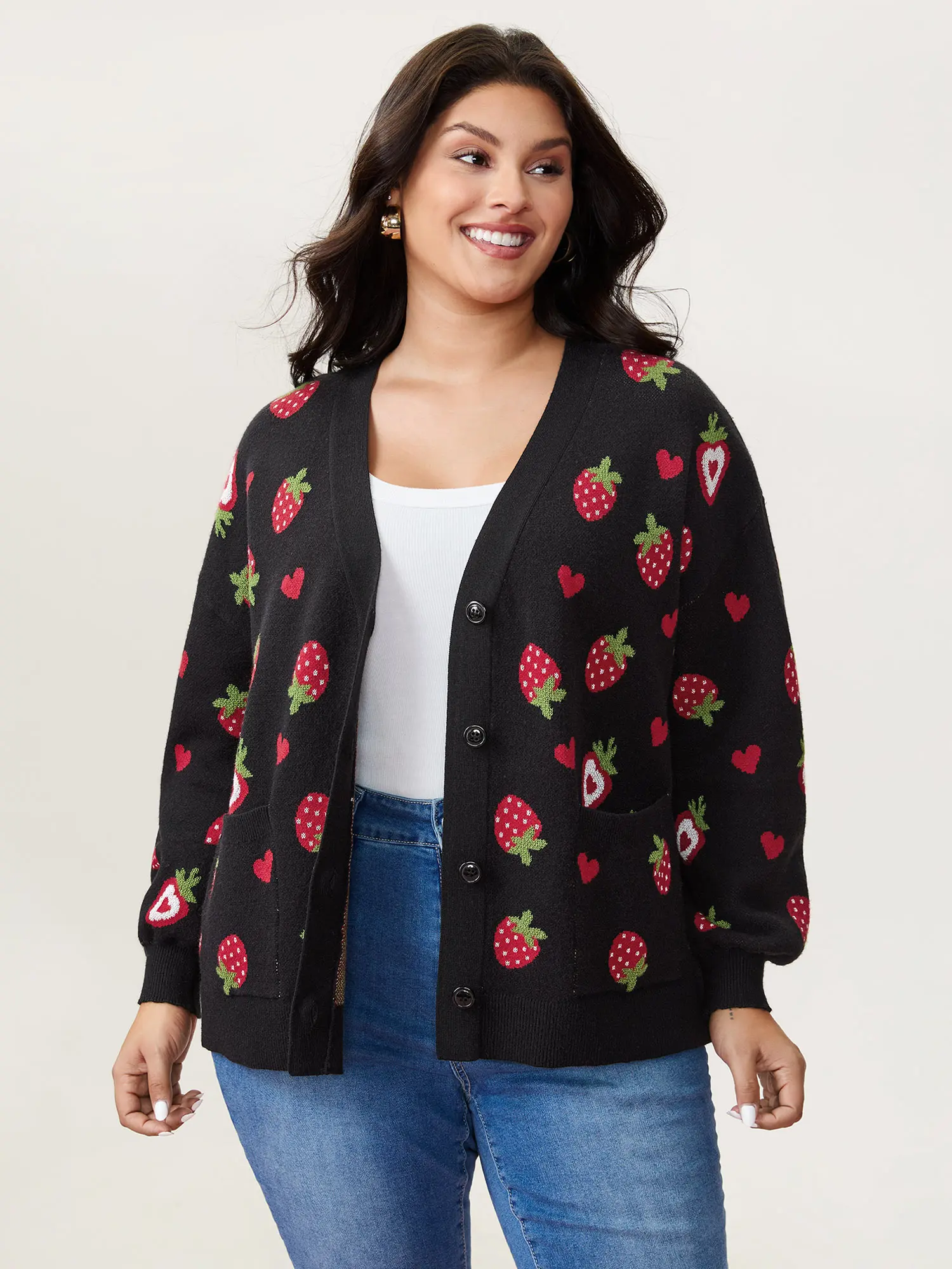 Women's Cardigan Sweater with a Playful Strawberry Jacquard Print, V-Neck Oversized Knitwear with Long Drop Shoulder Sleeves, Longsleeves, Knitting, Cardigan For Women, Fruit Print, Regular Length, Button, Cute, Lady, Tops