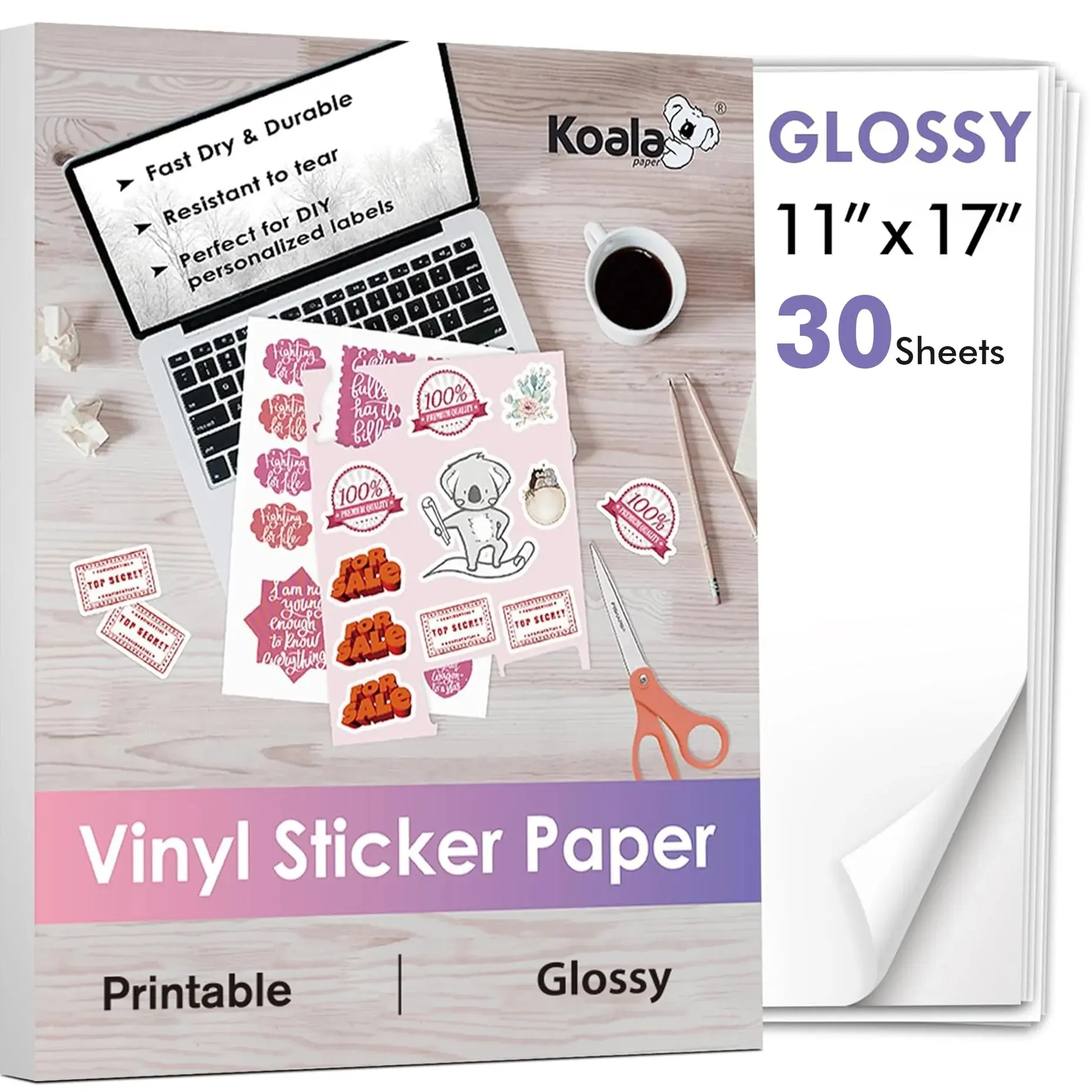 Koala Glossy Waterproof Vinyl Sticker Paper – 11x17" Full Sheets for Inkjet Printers, Great for Custom Decor & Crafts 10sheets