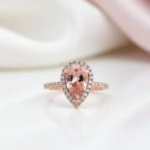 3.0ct Halo Pear Cut Synthetic Morganite Engagement Ring