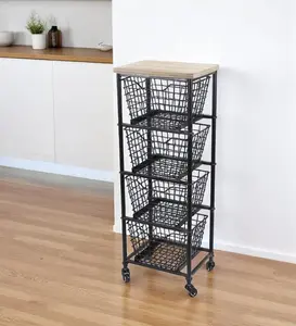 HomeRoots 488862 41-in. Black & Natural Metal & Wooden Storage Cart with Racks, Rolling Cabinet for Room Accessory Organization