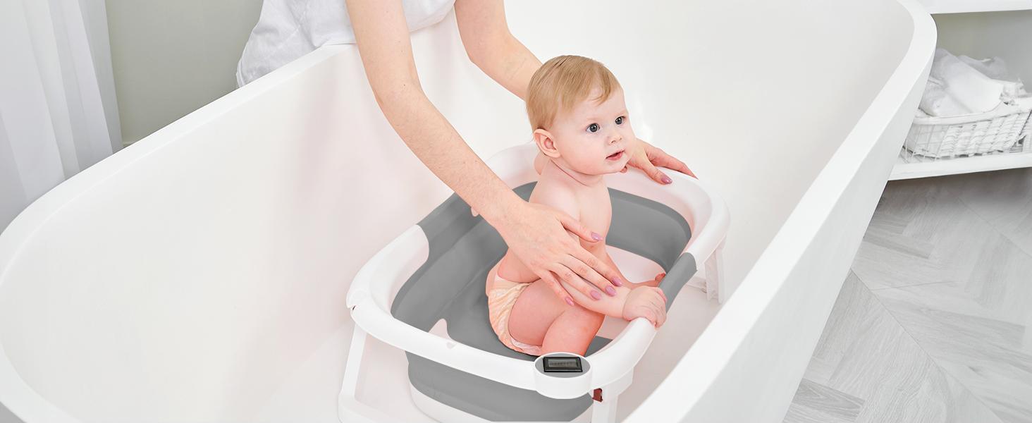 Collapsible Baby Bathtub with Real-time Temp Monitor + Floating Cushion, Foldable Baby Bath Tub Set - Perfect Portable Travel Baby Tub Cute Care