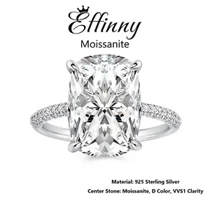 Effinny Synthetic Moissanite 4.0 Carat Elongated Excellent Cushion Cut Engagement Ring, D Color VVS1 Promise 925 Sterling Silver Jewelry for Women, Wedding, Bridal Rings, Female