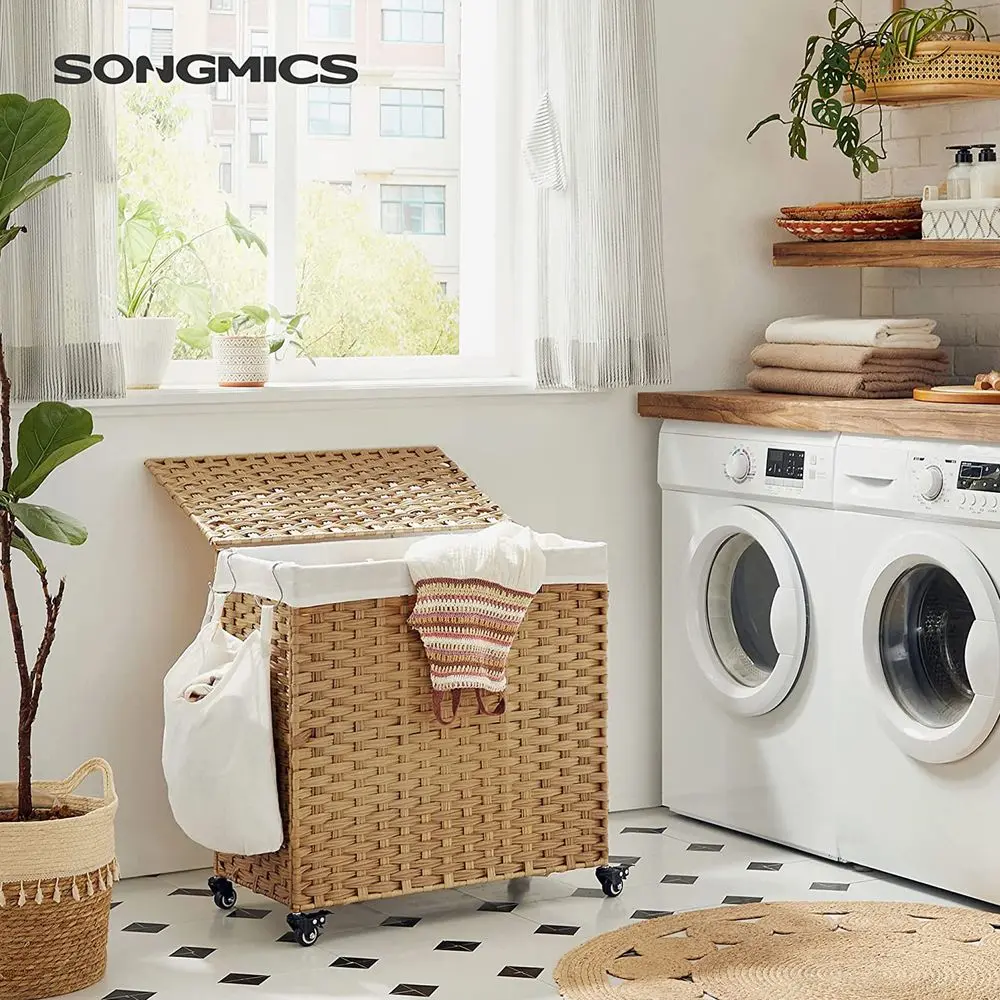 SONGMICS Elegant Wheeled Laundry Basket with Lid - 3-Section Portable Rolling Organizer, Large Synthetic Rattan Bin with Transport Wheels, Removable Liner for Home Decor to Hide Laundry Away