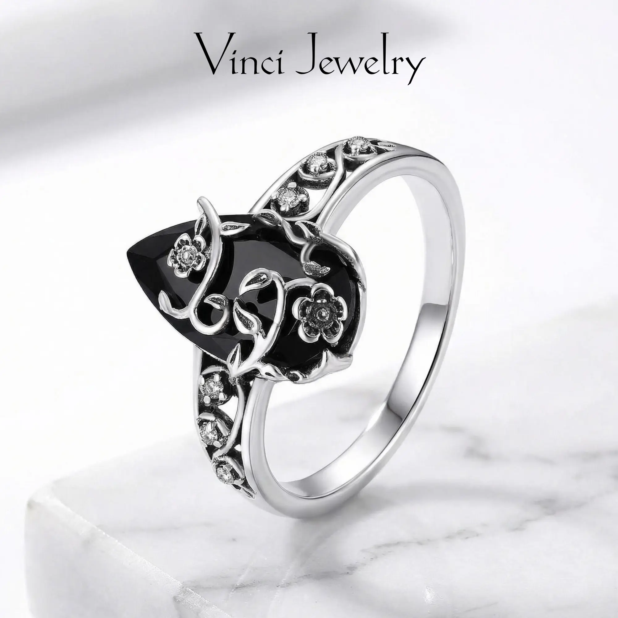 925 Sterling Silver Synthetic Obsidian Ring with Vintage Flower Design, Elegant Black Lab Grown Diamond Ring Jewelry for Women, Energy Crystal Ring Perfect for Daily Wear and Birthday Party, Mother's day Gift, with Gift Box
