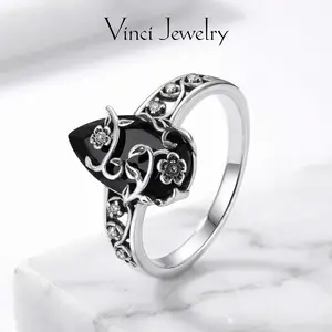 925 Sterling Silver Synthetic Obsidian Ring with Vintage Flower Design, Elegant Black Lab Grown Diamond Ring Jewelry for Women, Energy Crystal Ring Perfect for Daily Wear and Birthday Party, Christmas Gift, with Gift Box