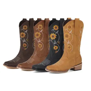 【Valentine's Day Gift】Women's Mid-Calf Cowboy Boots with Sunflower Embroidery - Retro Floral Stitched Square Toe, Pull-On Design, Fashion Boots for Parties, Dark Brown, Walking Shoes