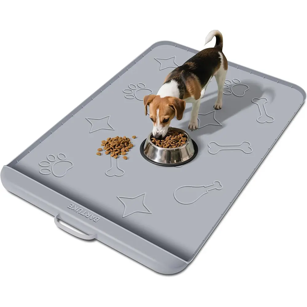 Dog Food Mat with Collection Pocket, 42''x28'' Extra Large Silicone Pet Feeding Mat for Food and Water, Waterproof Anti-Slip Dog Mat with Edge and Handle, Pet Placement for Floor