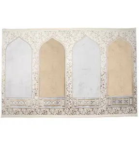 Wide 4 Person Masjid Islamic Prayer Rug - Serenity Garden Golden Beige/Stone Grey