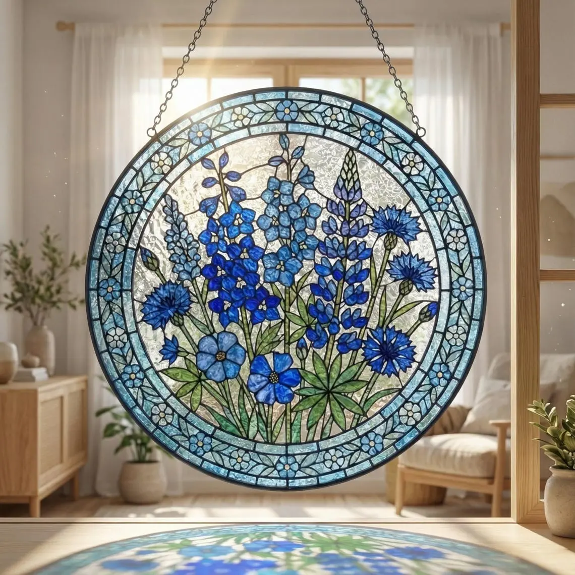 Round Colorful Light Blue Wildflower Stained Glass Suncatcher - Hangable Botanical Window Decor - Personalized Birthday Gift for Her, Mother's Day Present