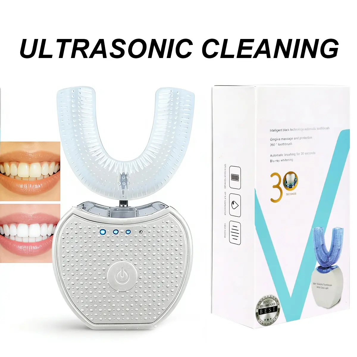 360° U-Shaped Electric Toothbrush - Ultrasonic Teeth Cleaner, Blue Light, 3 Cleansing Modes, Antibacterial, USB Rechargeable Toothbrush Battery Operated for Adults' Regular Oral Care Routine (Battery Powered), Ultrasonic Vibe, Beauty Products