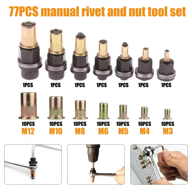 77pcs Manual Riveting Kit Featuring 7 Sizes from M3 to M12, Includes 10 Rivet Nuts of Matching Size And Flat Rivet Gun Heads Suitable for Automotive, Industrial Applications, Home Decor, And Various Metal Welding Tasks, Hand Tools, Hardware