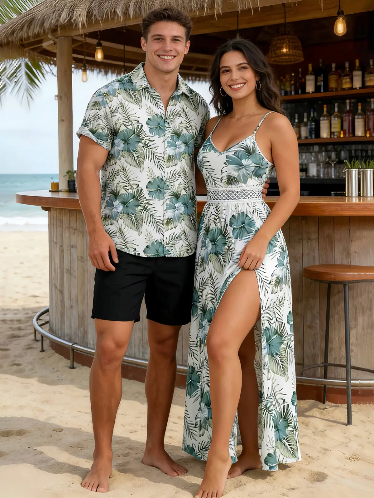 DRESSLILY Couple Matching Outfit Set, Casual Hibiscus Floral Leaf Print High Waist Lace Maxi Dress and Polyester Button Up Shirt for Summer Beach Vacation, Style, Fabric, Set (Dress+Shirt), Sleeveless, Women, Lacy, Chic, Cute