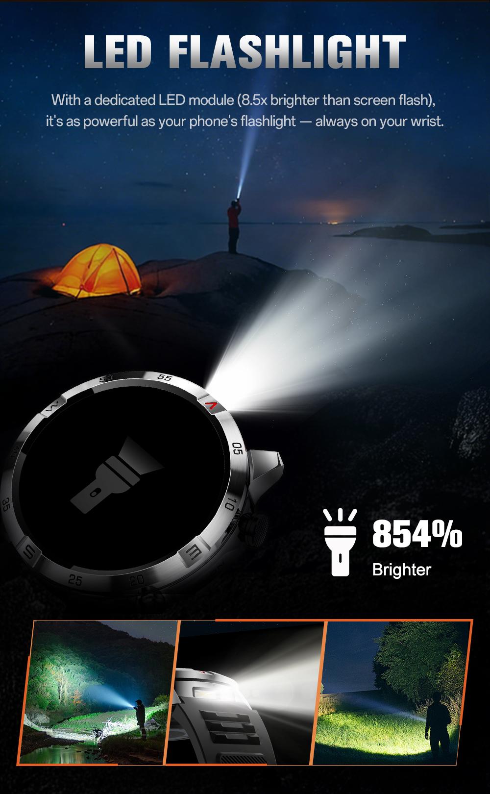 Aolon GT6 Pro Spring rugged outdoor smartwatch with 1.51" AMOLED display, LED flashlight & precision compass. Bluetooth calling, heart rate & fitness tracking, 5-button control, 500mAh battery up to 60 days, 1ATM & IP68 water-resistant.