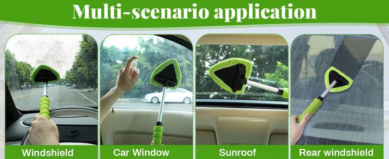 Windshield Cleaning Tool, Microfiber Car Window Cleaner with 3 Reusable and Washable Microfiber Pads and Extendable Handle