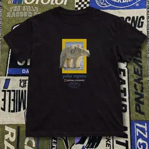 Black national geographic polar express polar bear graphic t-shirt, Short Sleeve Crew Neck T-Shirt, Pull On, Casual