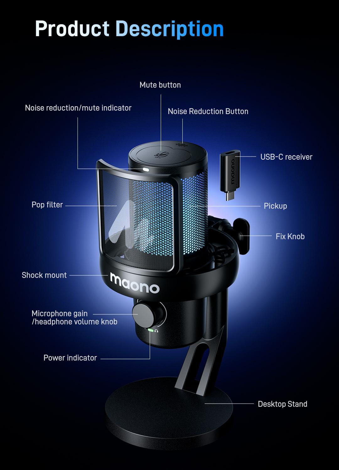 Maono DM40 Voice Changer USB / Wireless Desktop Audio RGB Gaming Microphone with Noise Reduction and EQ Setting,Compatible with Computer, PC, PS4, PS5, Smartphone, Mac, Ideal for Singing,Game Streaming,Recording and Podcasting.