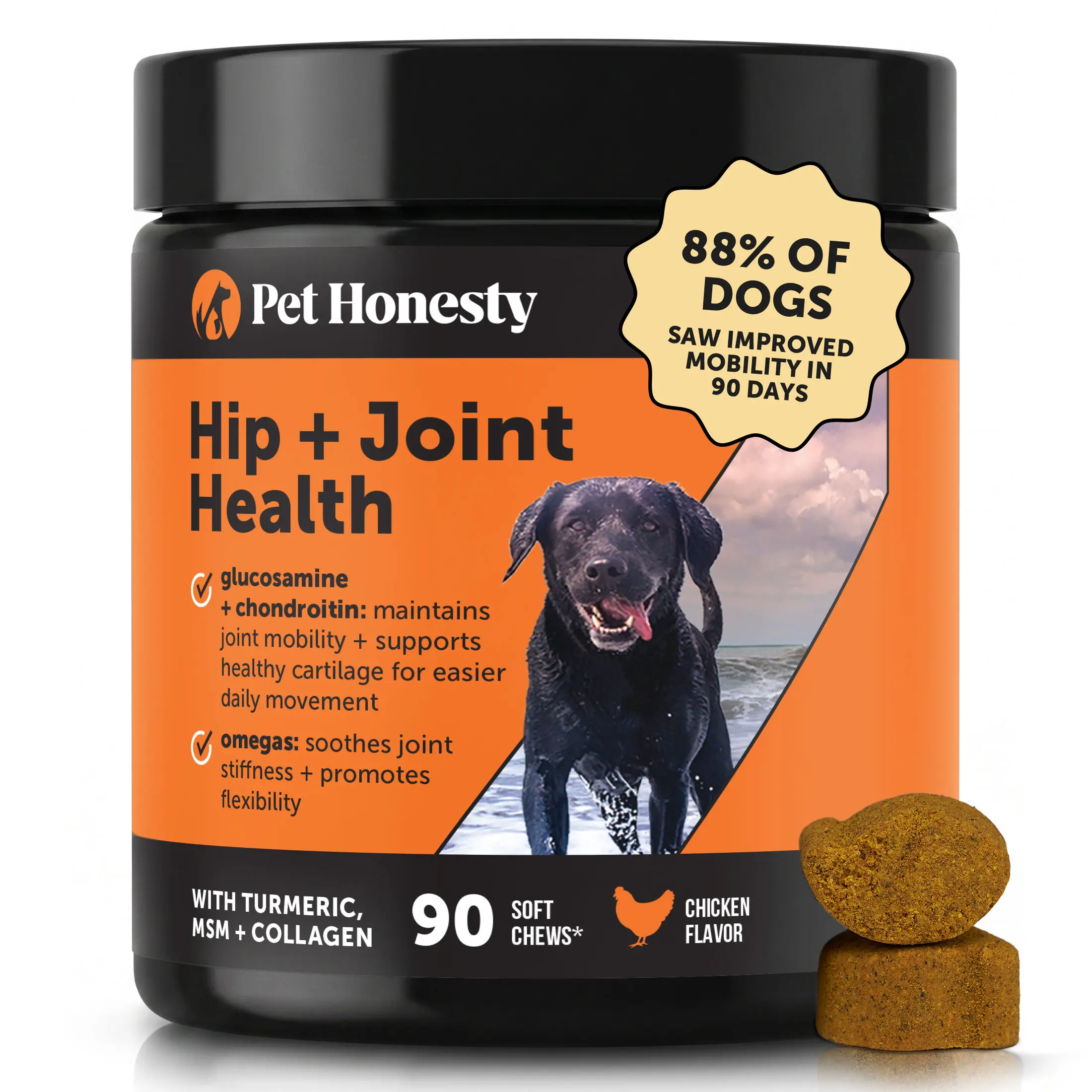 Pet Honesty Hip & Joint Health Soft Chews for Dogs, Joint Supplement with Glucosamine Chondroitin, MSM, Turmeric, Joint Support + Mobility, May Reduce Occasional Discomfort (Chicken 90 Count)