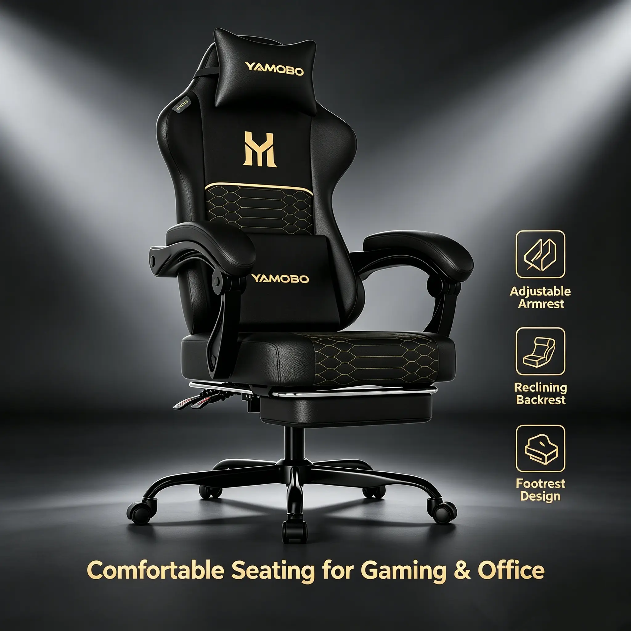 Durable PU Office  with Lumbar and Headrest， Black and Gold Gaming   Breathable Ergonomic Backrest Adjustable from 100° to 135°  Silent Casters  Comfortable Office, Gaming, and Streaming  for Long Hours leaning chair swivel