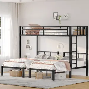 Twin over Twin & Twin Bunk Beds for 3, Twin XL over Twin & Twin Bunk Bed Metal Triple Bunk Bed, Black bunk  desks  school