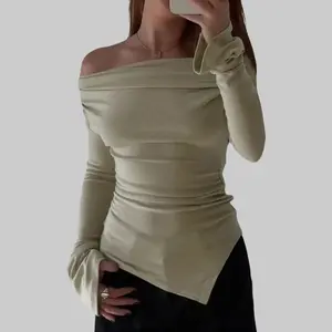 Women's Ruched Draped Neck Long Sleeve Asymmetric Hem Top 2025 Fall & Winter New Solid Color Slim Fit Elegant Versatile Must-Have for Dates Casual Styling T-Shirt