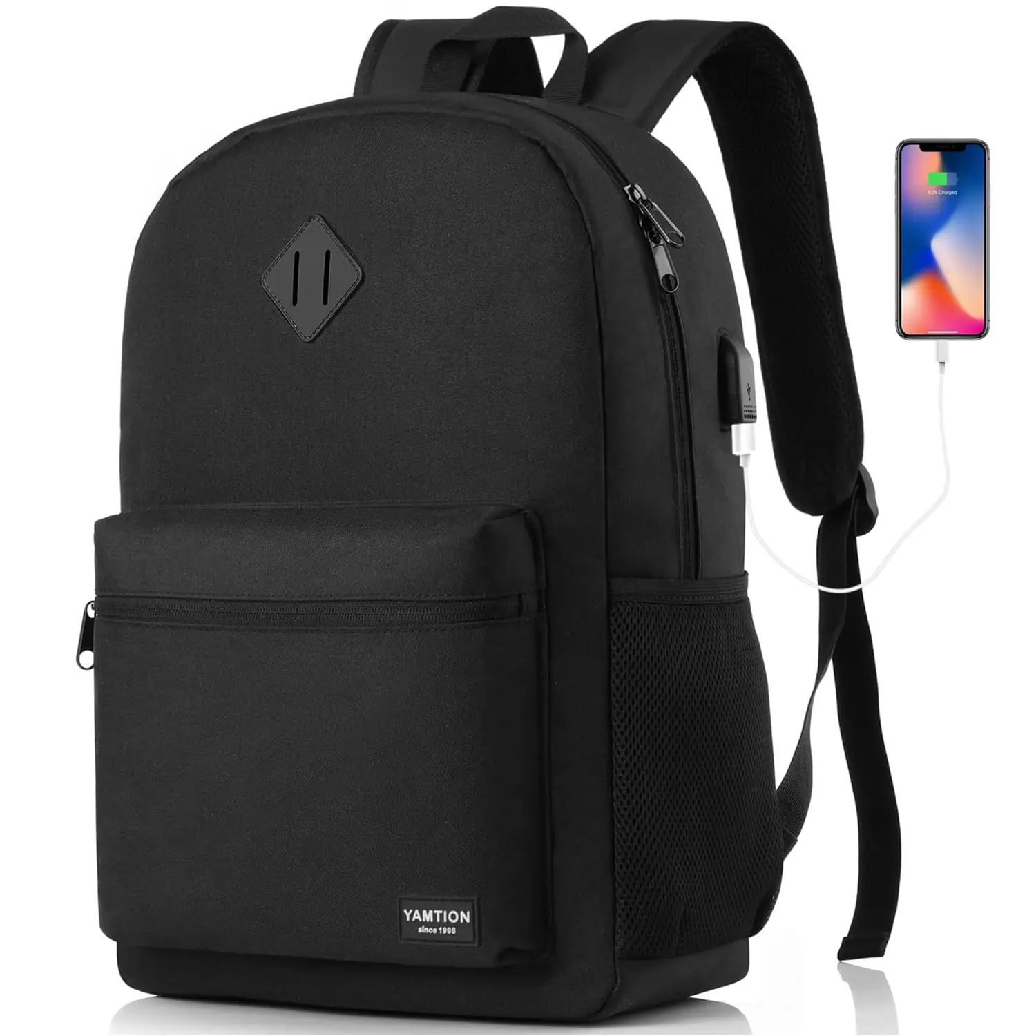 YAMTION 15.6 Inch Large Classic Backpack with USB Charging Port, Water Resistant Laptop Bookbag for Teens, High School & College Students, Working Adults Durable