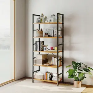 62 Inch Tall CD DVD Storage Rack, 5 Tier Media Shelf Organizer, Metal Frame Bookcase for CDs Movies Games Books, 30LBS Per Shelf, Wood/Gray