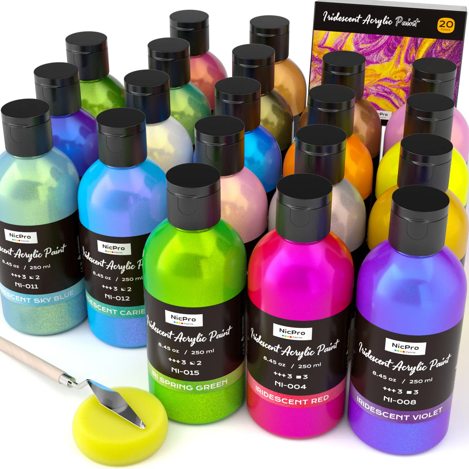 Nicpro Iridescent Acrylic Paint, 8.45oz/250ml Large Bulk Metallic Acrylic Paint, Color Shifting & Non-Toxic Art Painting Supplies For Canvas Fabric Rock Wood with Paint Knife Color Wheel Artist Bundle,back to school,back to school shopping
