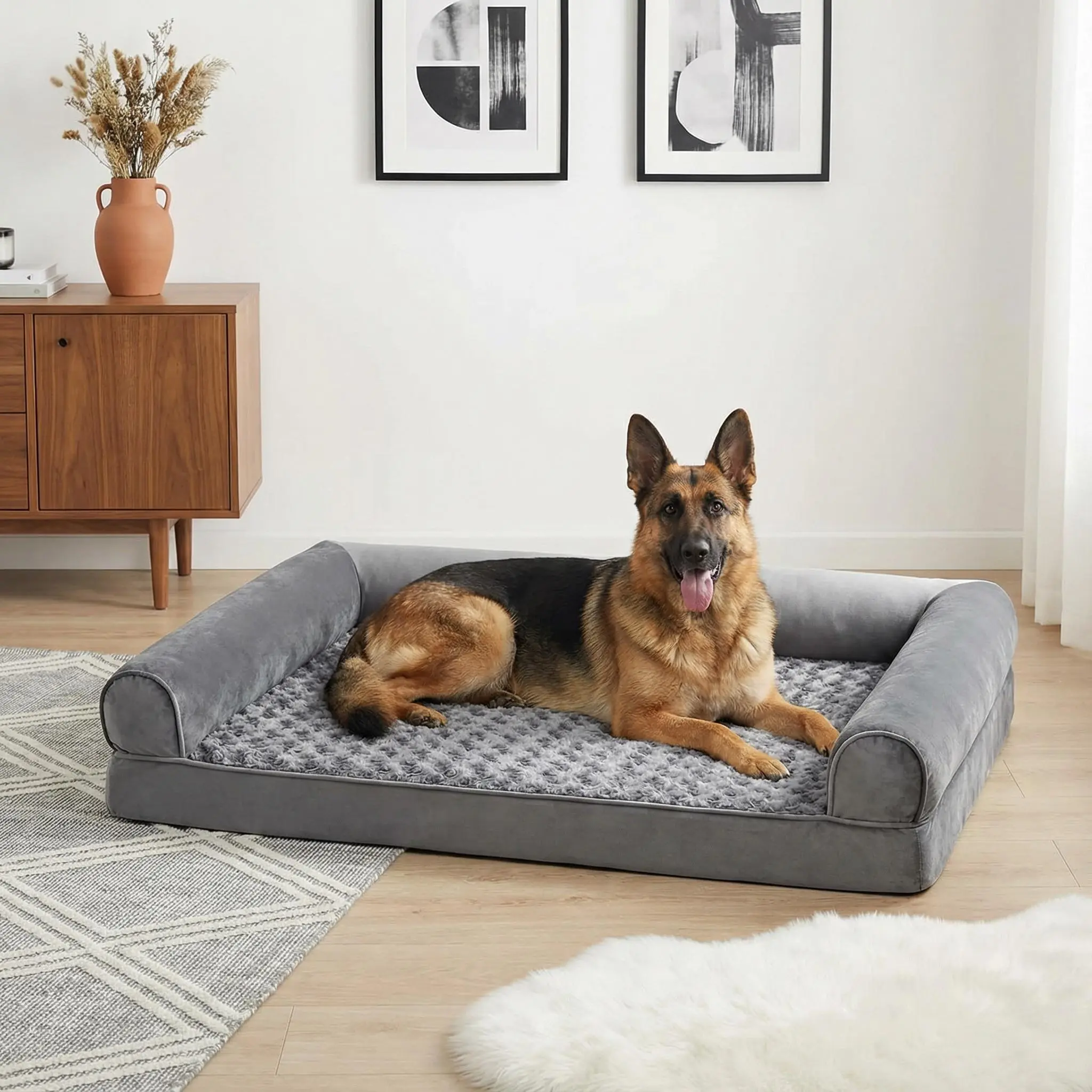 Large Orthopedic Supportive Memory Foam Dog Bed (42x30x6.5in) - CertiPUR-US Certified Safe Foam, Built-In Pillow for Head Support, Snap-On Plain Easy-Clean Fleece Cover, Water-Resistant Washable, Non-Skid Bottom for Senior Dogs Over 80 Lbs Joint Relief