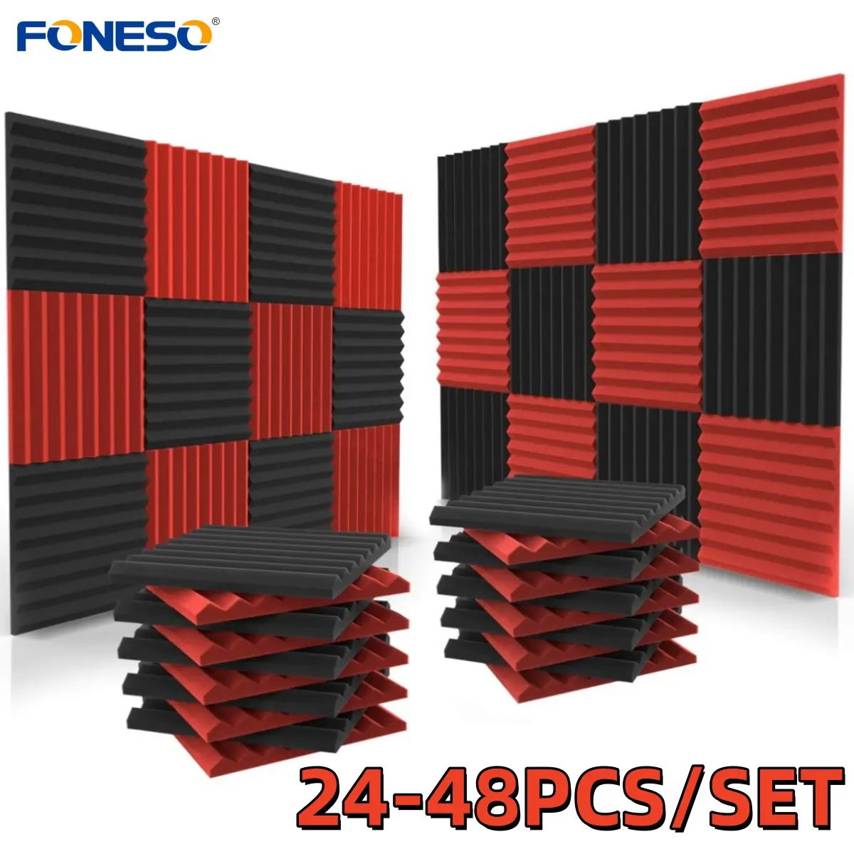 24-48 Pack Red&Black Acoustic Foam Panels Set, 1" x 12" x 12" Wedges Tiles Fireproof Soundproof Foam, High-density Sound Insulation Sound Absorbing Noise Cancelling Foam Panels for Recording Studios, Home, Offices Walls Ceiling, Gaming Room Accessories