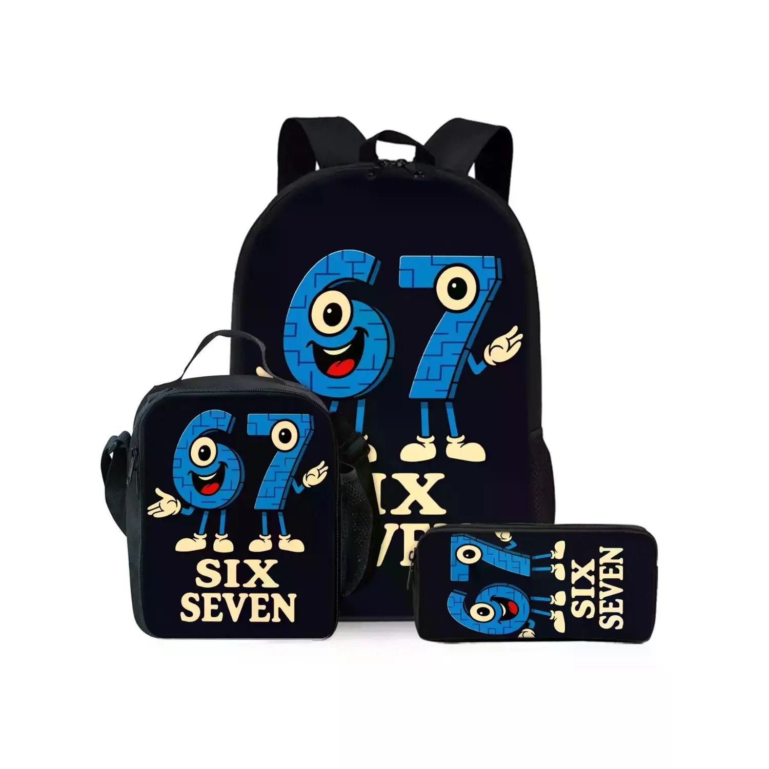 Three-Piece Digital Cartoon 67 School Backpack Set with Lunch Bag and Pencil Case