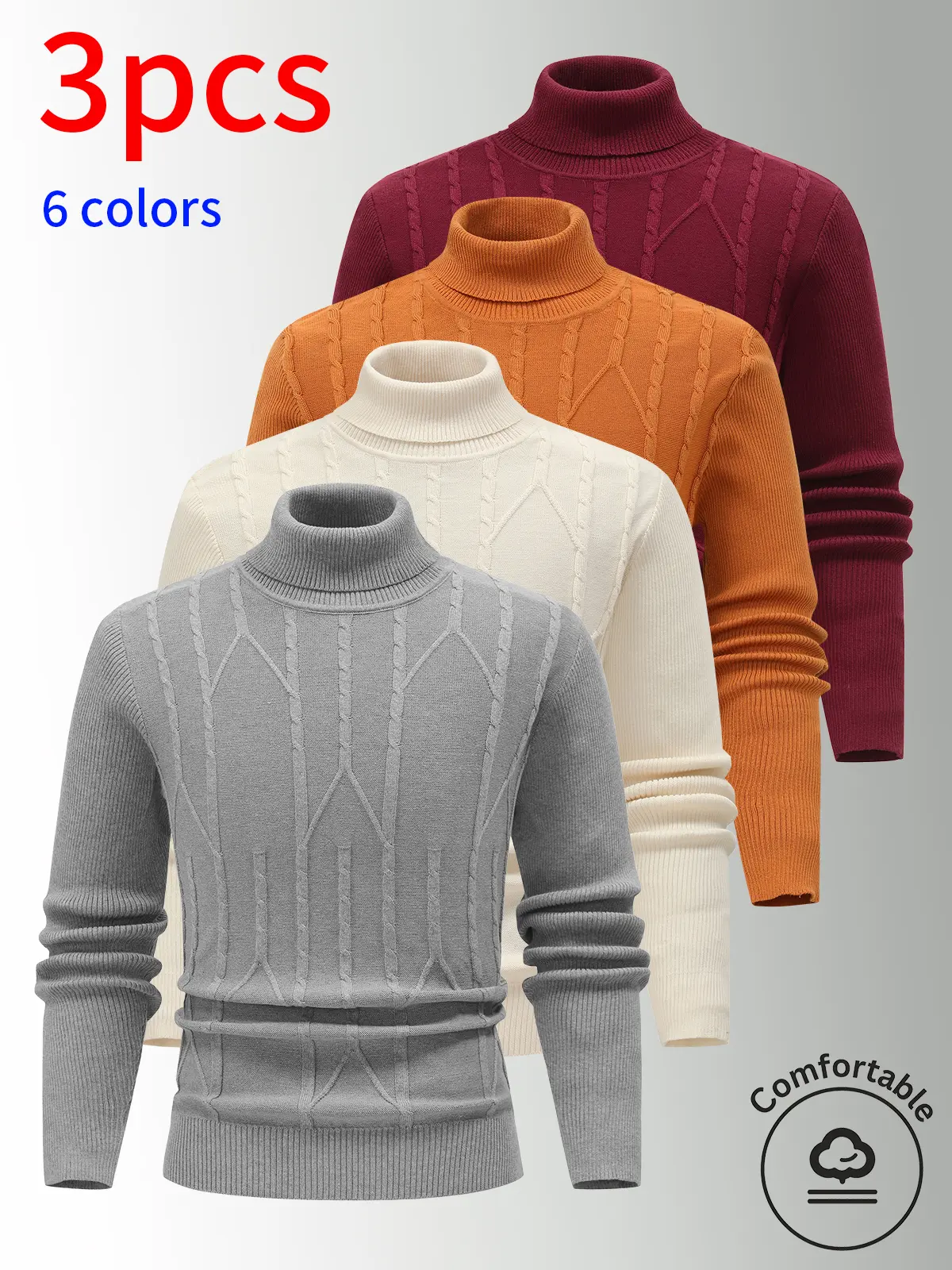3-Pack  Men's Knit Turtleneck Sweater,Slim Fit geometric textured sweater,Warm Fall Winter Casual Knitwear,geometric pattern sweater,leisure occasion,menswear knitwear,exquisite design,sweaters for men,casual knit,fall winter sweater,winter top