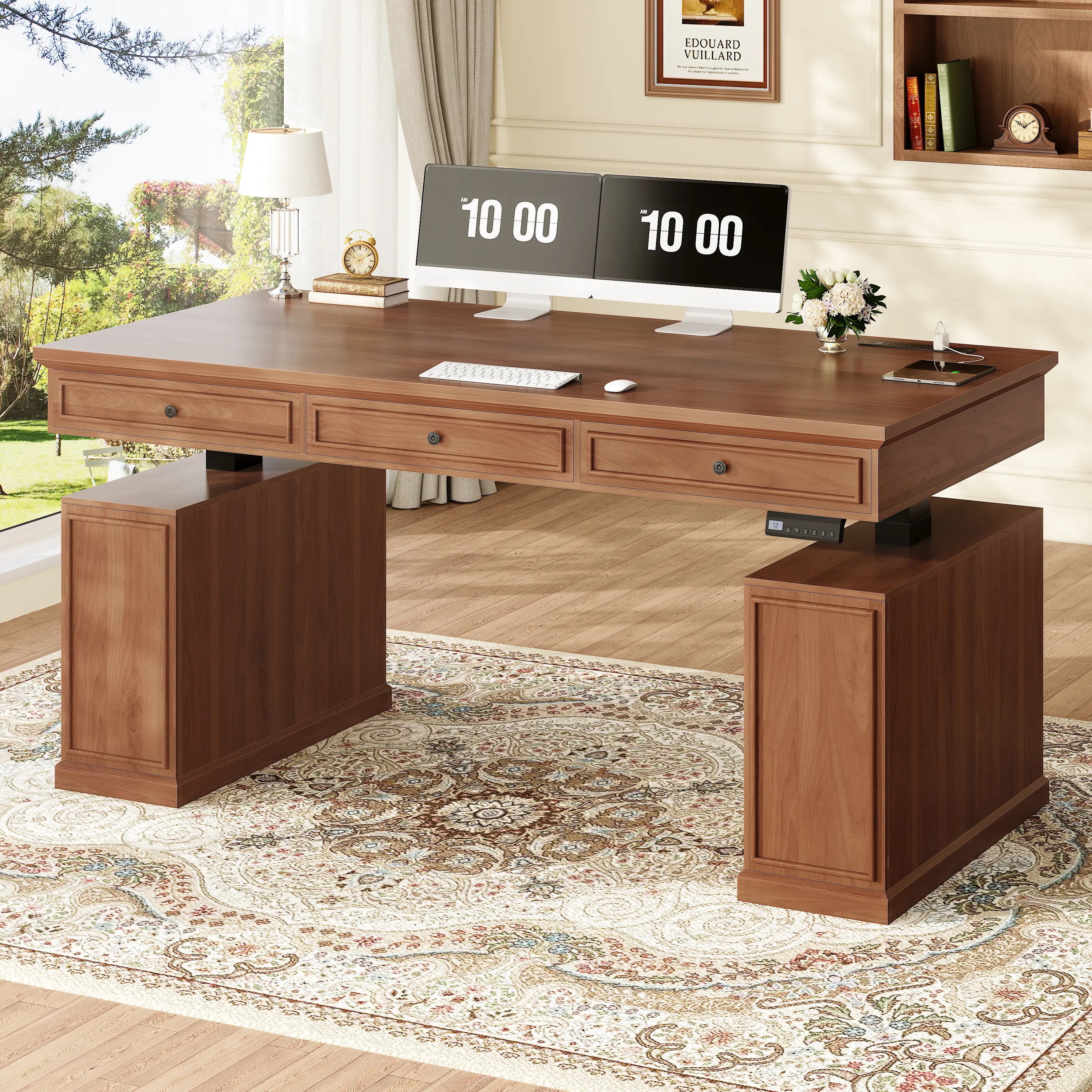 Sedeta 55.1" Farmhouse Executive Ergonomic Automatic Height-Adjustable Large Desk - Home Office Furniture, Wooden Top, 3 Drawers, Groove Front, Storage Cabinet, Power Outlets, Reinforced Legs, Adjustable Workbench Desk, Height Adjustable Desks