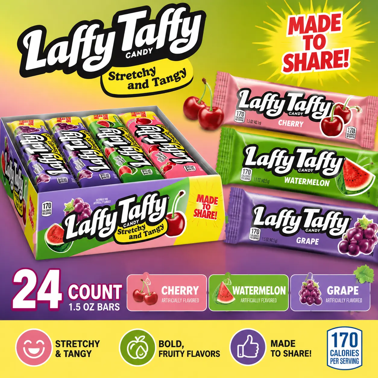 Laffy Taffy Cherry Watermelon Grape Variety Candy Bars 1.5 oz 24 Count  Stretchy & Tangy Fruit Taffy | Individually Wrapped Treats
