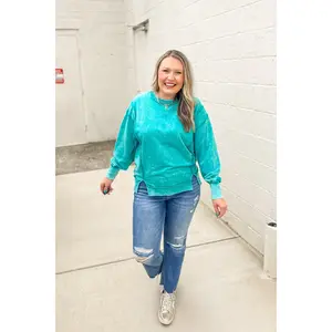Everly Acid Wash Pullover Top, Light Teal