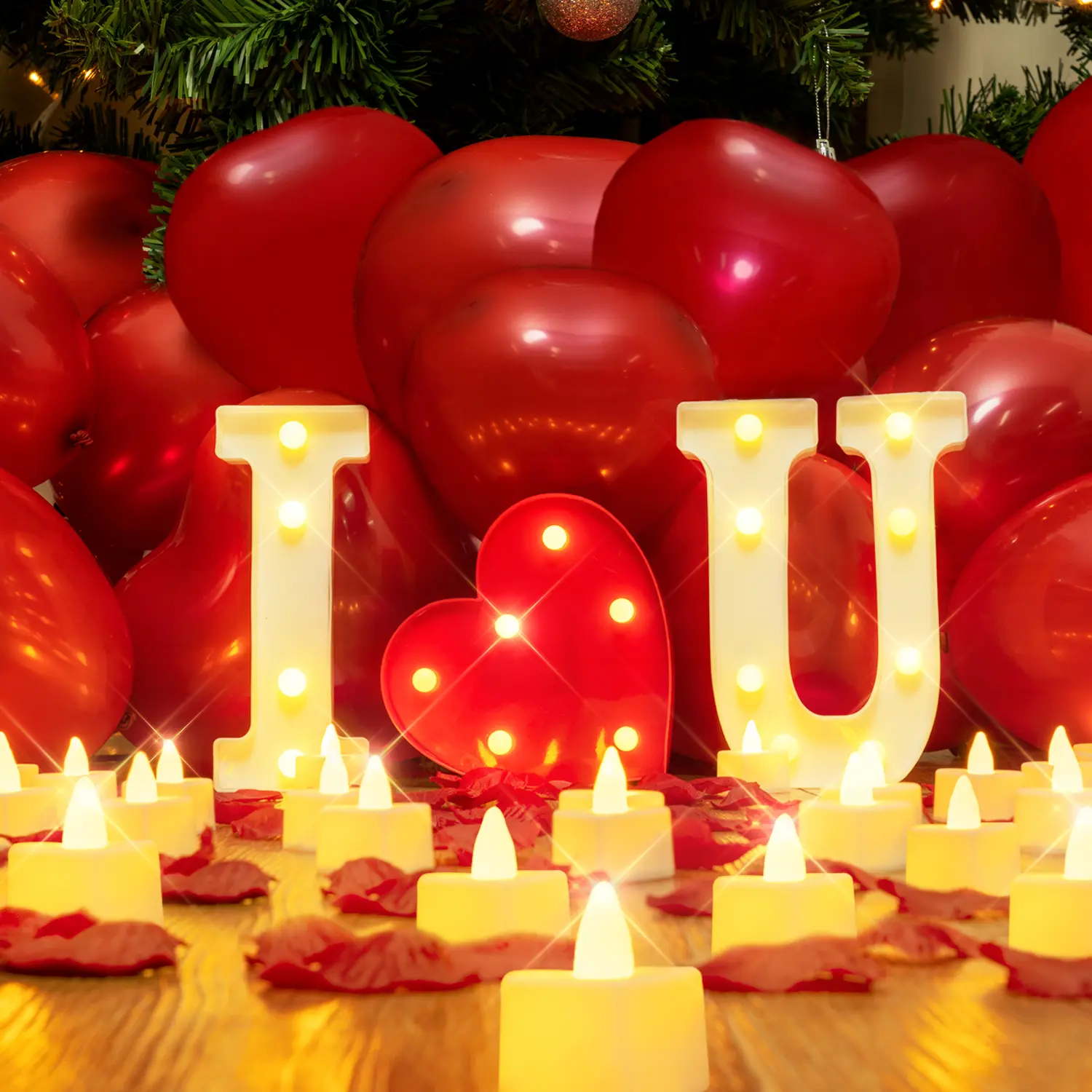 "I Love U" Light Up Letters Romance Kit - Home Decor Love Gifts with 24 Flameless Candles, 1000 Red Fake Rose Petals, 30 Red Balloons for Valentine's Day Wedding Proposal Festive & Party Supplies TikTokShopBackToSchool；homeessentials