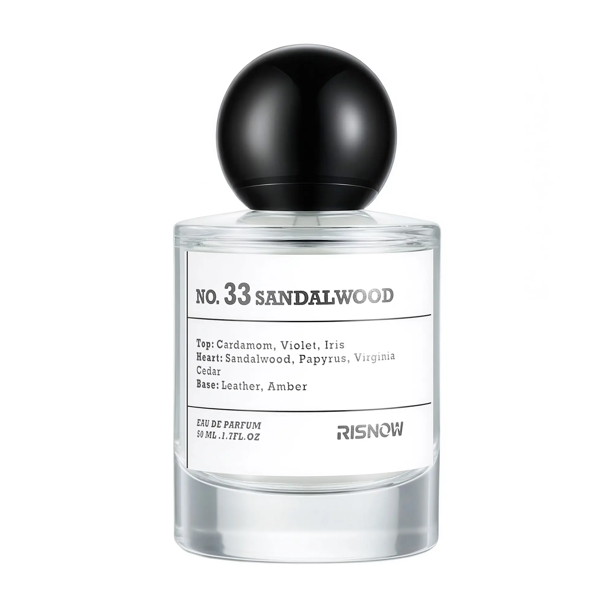 RISNOW No. 33 SANDALWOOD | 50ml Portable Perfume | Perfume for Men and Women | Top: Cardamom, Violet, Iris | Heart: Sandalwood | Base: Leather, Amber | Woody Unisex Scent Long Lasting Fragrances Fragrance Warmth
