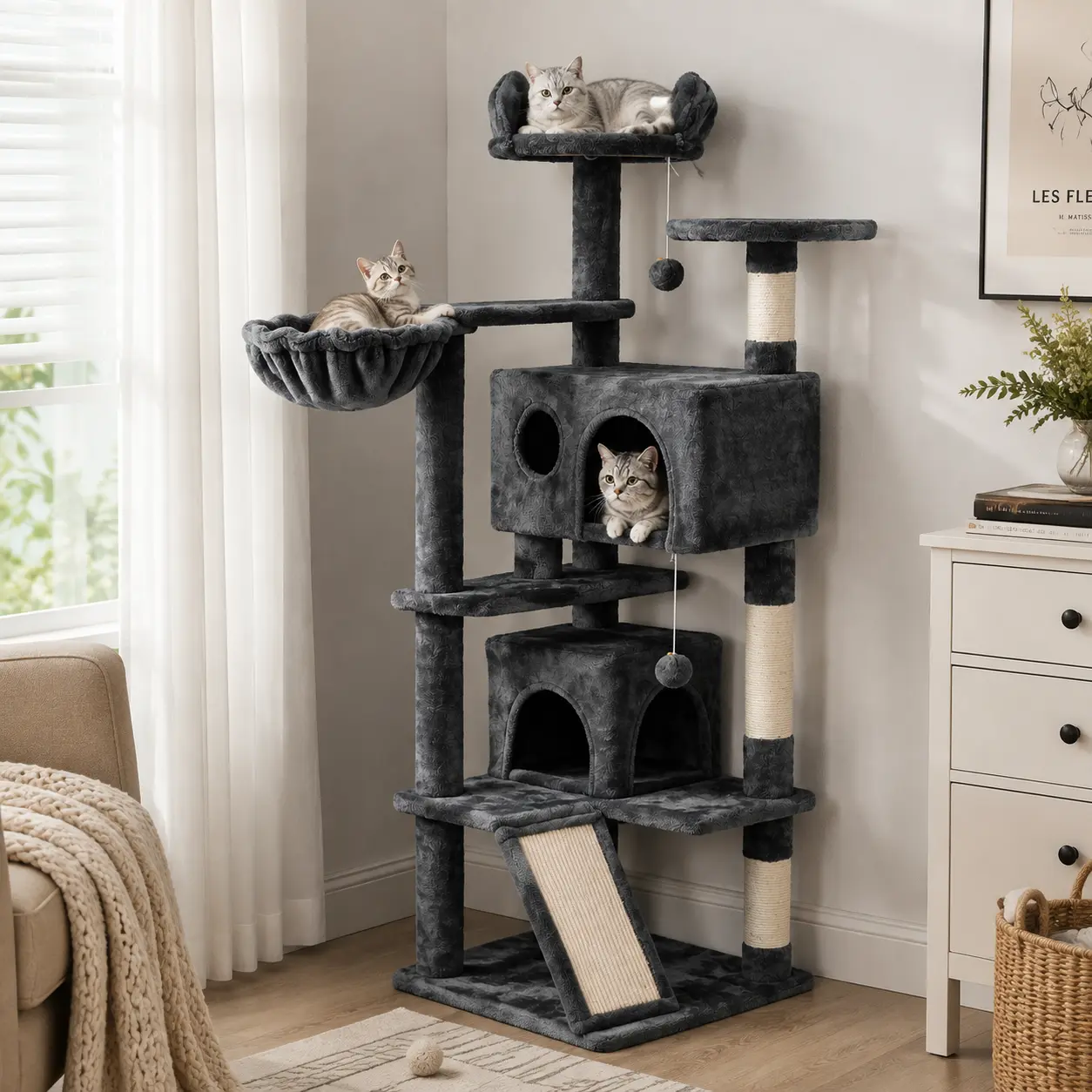 Costoffs 57" Cat Tree, Cat Tower for Indoor Cats, Cat House with Platform, Scratching Posts, Double Condos, Cat Climbing Frame Bed Furniture