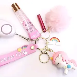 Pink Dream Girl Pony Kids Safety Keychain   - Pom Pom   - Pony Charm Keychains   - Dream Girl Wristlet   - Whistle   - Alarm Siren   - Mini Rainbow Charm  - Lip Gloss (Random Flavor)