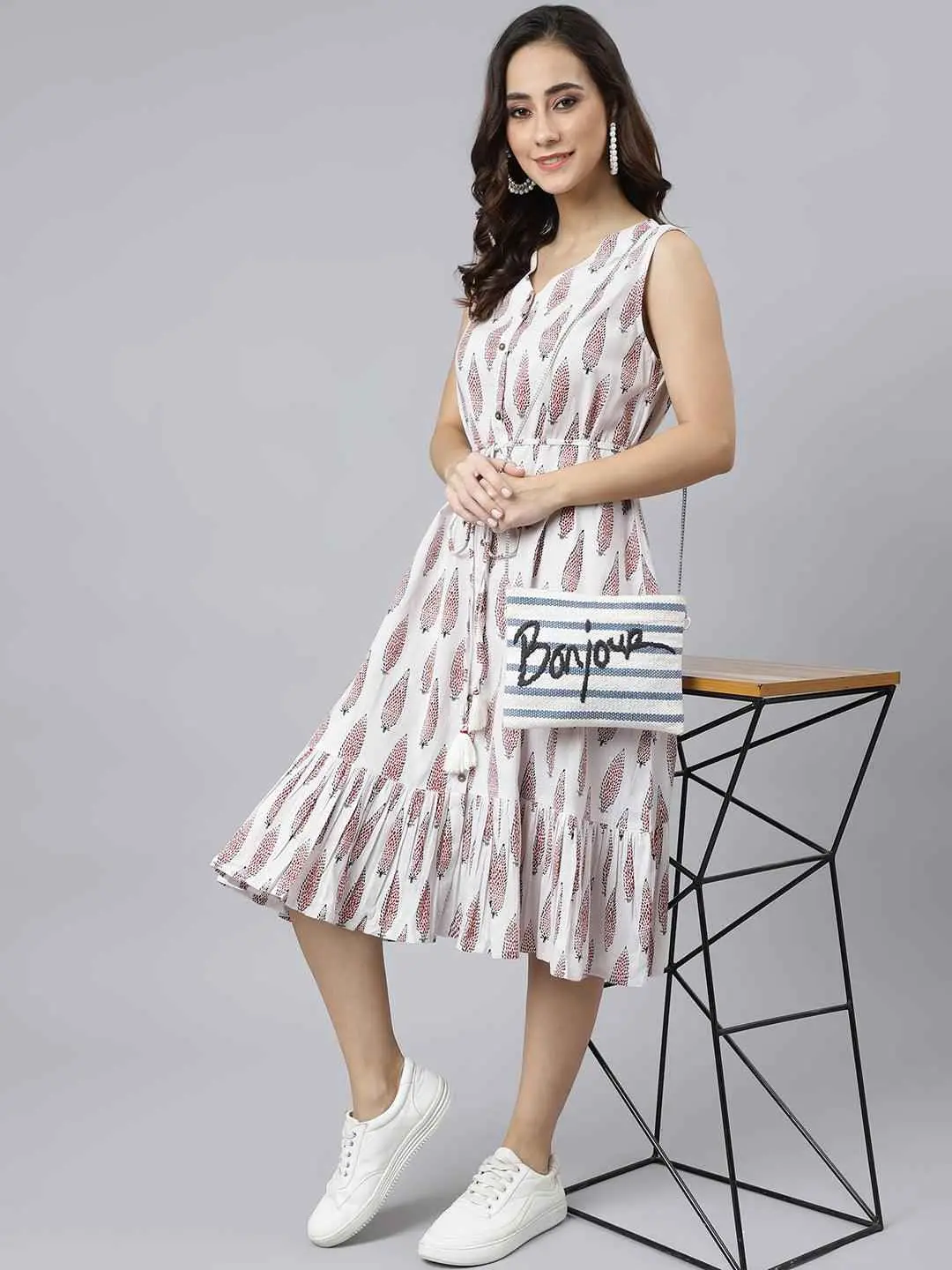 Indian Western Dress White Cotton Ethnic Motifs Flared