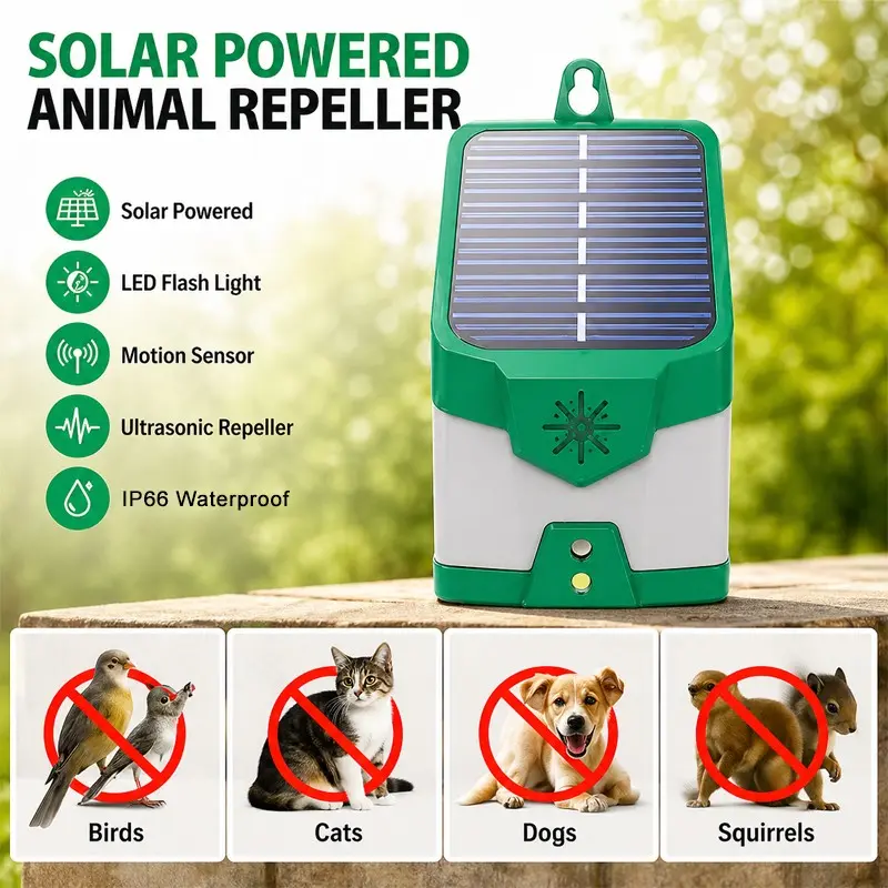 Hanging Solar Powered Ultrasonic Animal Repeller, Pigeon Repellent, No Chemicals, Eco Friendly Repellent, Motion Activated Pest Deterrent, with LED Flash Light, Outdoor, Keep Birds, Cats, Dogs & Squirrels Away from Yard, Roof & Garden