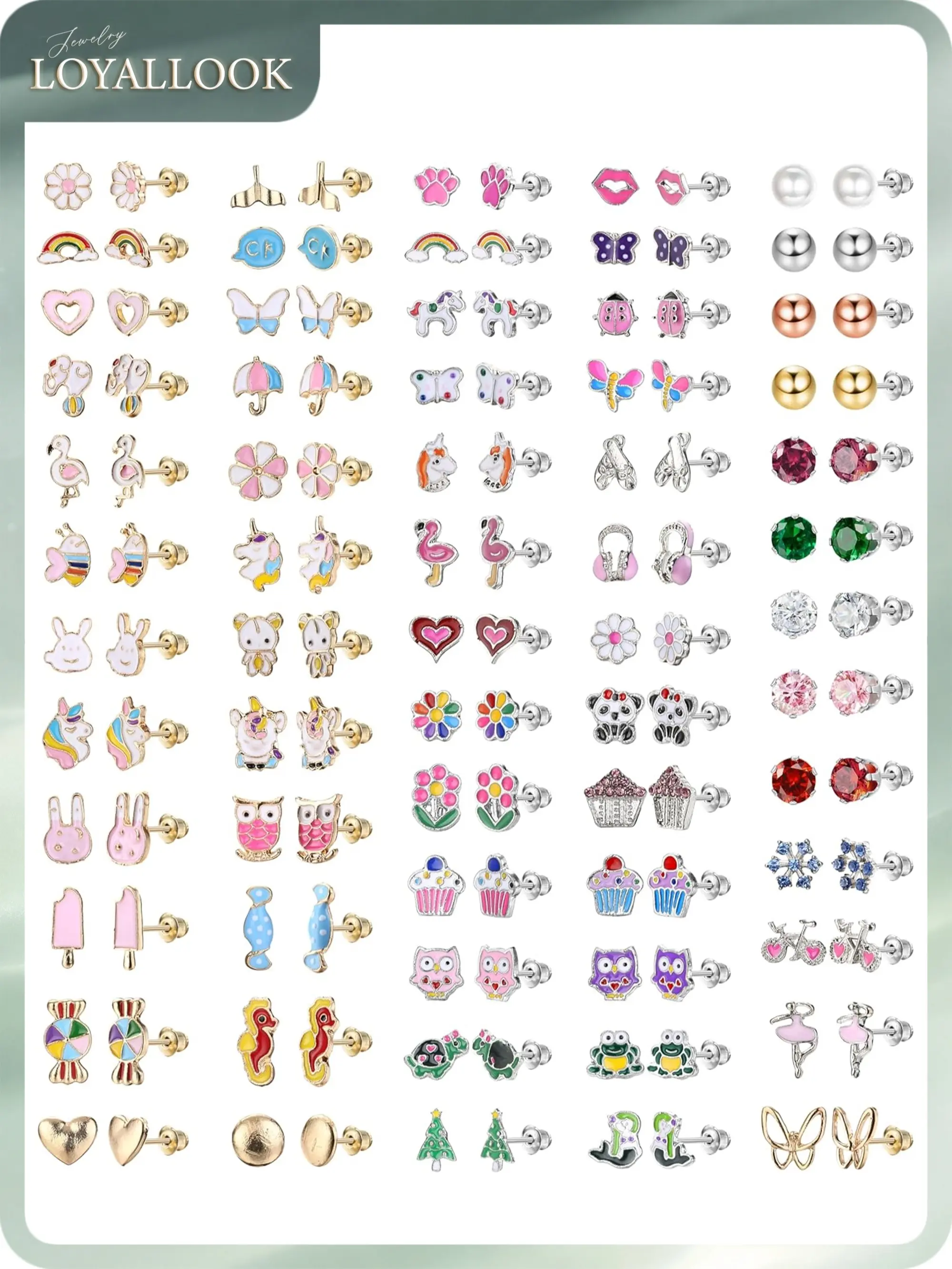 LOYALLOOK 63 Pairs Hypoallergenic Stud Earrings for Girls Women - Cute Stainless Surgical Steel Earring Sets Sensitive Ears Small Colorful Animal Jewelry for Toddler Kids Teens