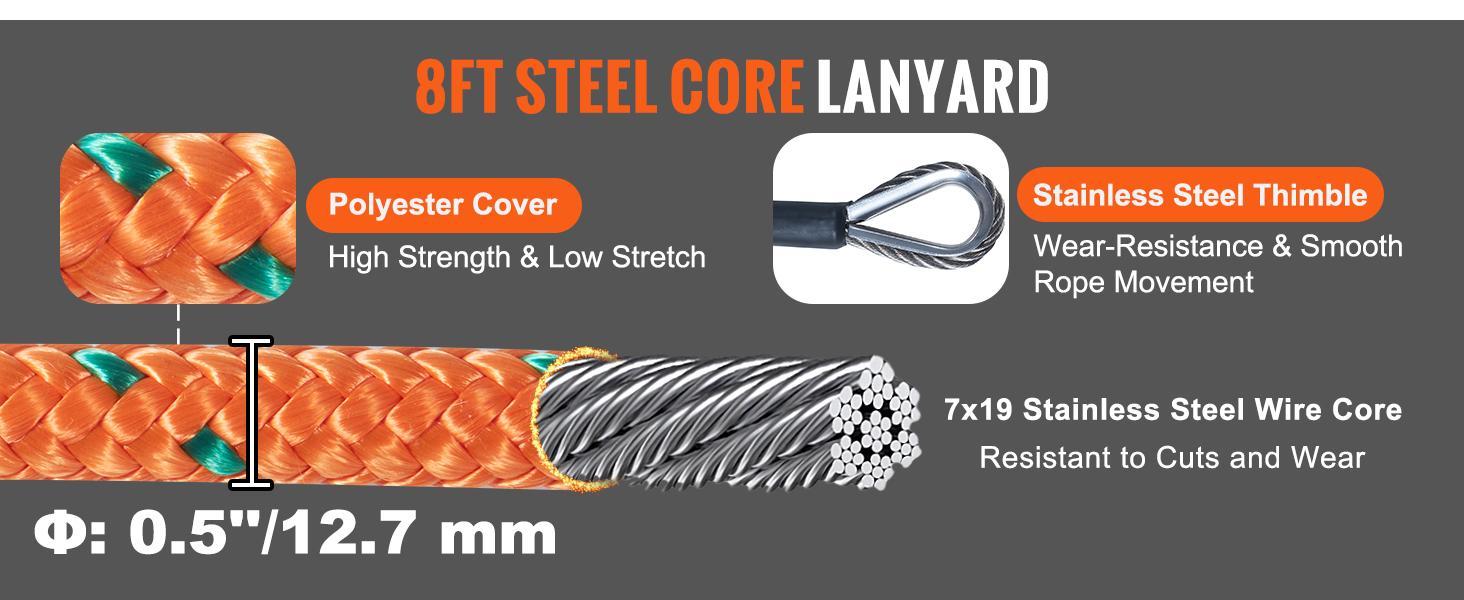 VEVOR Steel Core flipline,  1/2" x 8' Arborist Flipline, Flip Line for Tree Climbing with Alloy Steel Snap Hook, Aluminum Alloy Carabiner and Extra Tool Lanyard, for Arborist, Tree Climbers