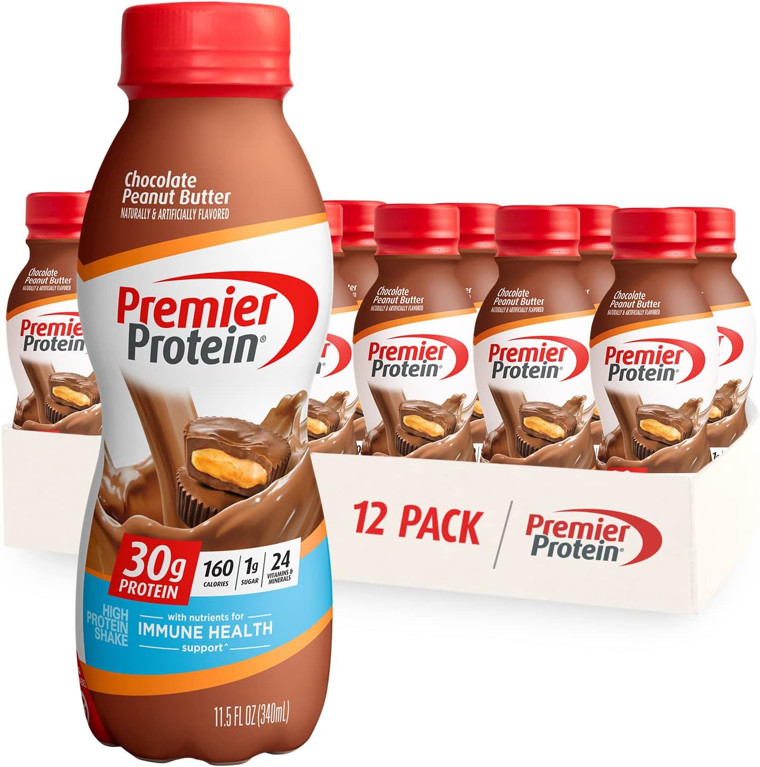 Premier Protein Shake 30g Protein, 1g Sugar, 24 Vitamins & Minerals, Nutrients to Support Immune Health, 11.5 Fl Oz Beverage Drink Energy Sport Peanut preimer