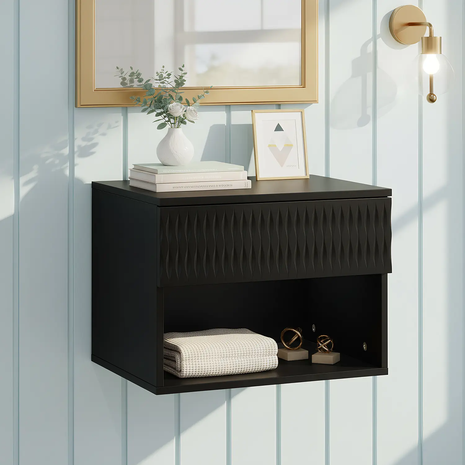 Spaco Black 2-Pcs Wall-Mounted Floating Nightstands - Contemporary Textured Drawer Front, Dual Storage, Anti-Shake, 30 lbs Top, 6 lbs Drawer, 15.75x12.6x11.8" Floating Table, Decor Shelves, Room Decor, Assembly Required for Small Spaces