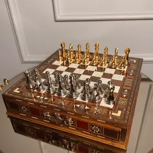 Decorative Chess Set, Handmade Anniversary Gift Luxury Chess Set, Personalized Wooden Chess Board with Metal Chess Pieces Birthday Gift