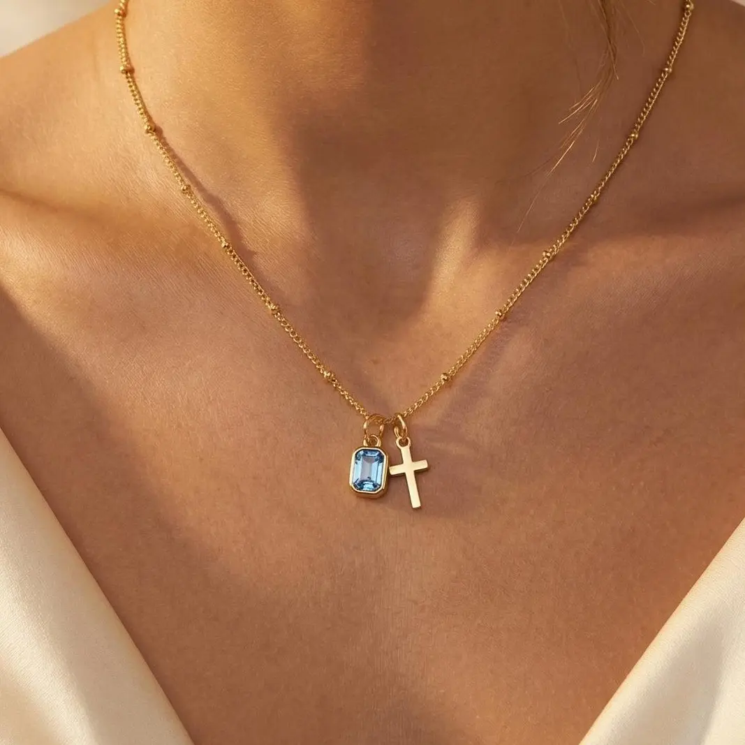 Turandoss Birthstone Cross Necklace for Teen Girls – 14K Gold Plated Christian Faith Pendant, Blue Green Emerald Birthstone Jewelry, Easter Birthday Gift, mothersdaygift