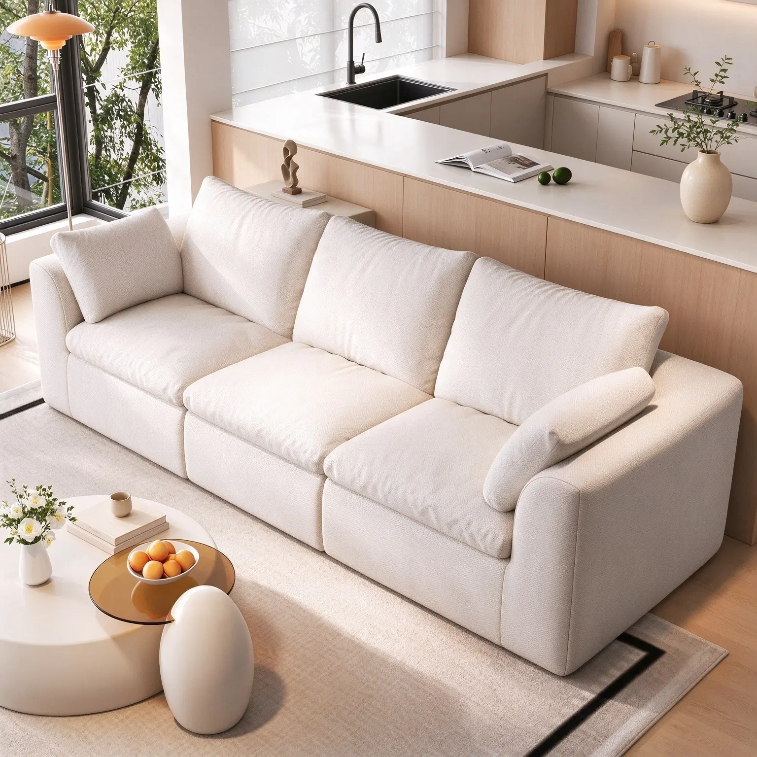 108.3" Vacuum Packed Cloud Sofa, 3-Seater Modular Straight Compressed Couch with Removable Washable Covers, Linen Fabric High Density Foam Sofa for Living Room, White