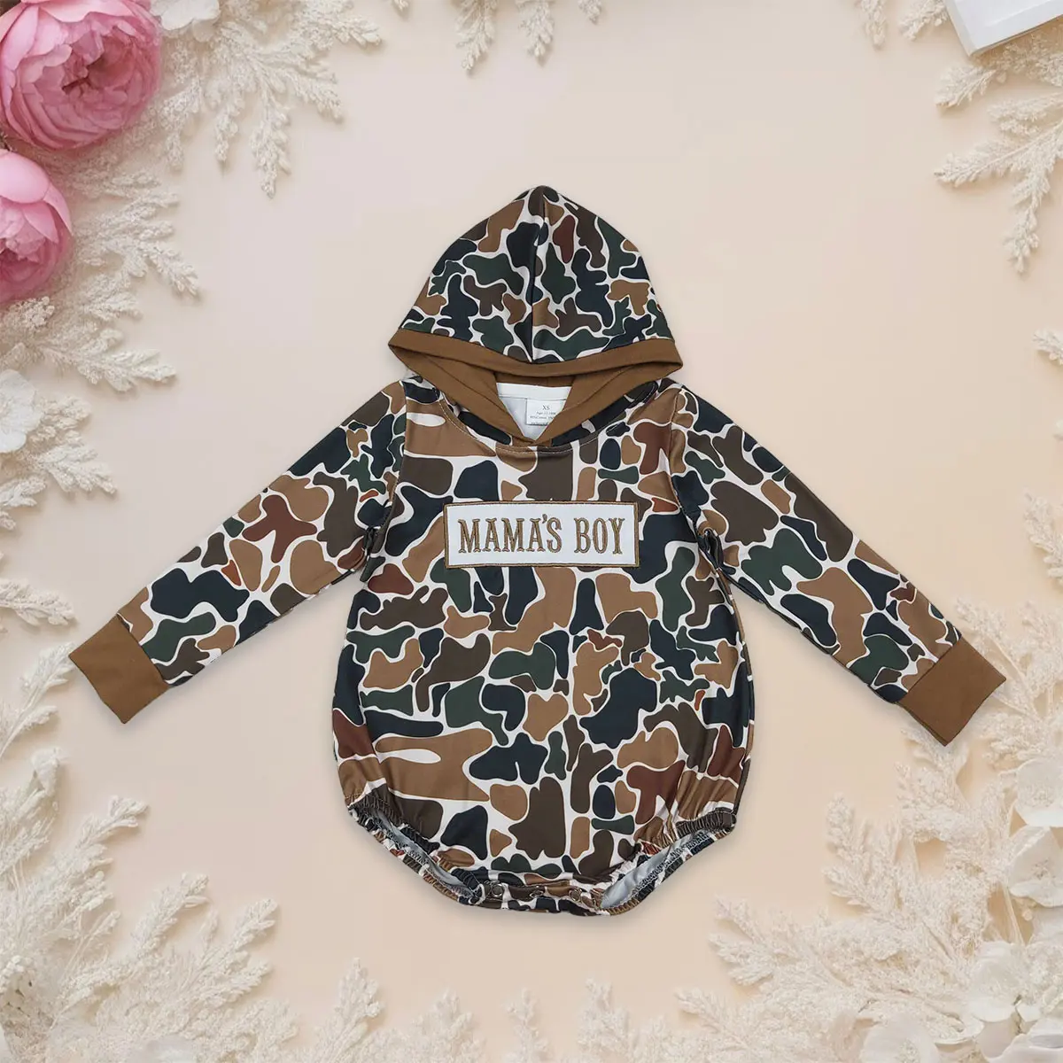 Boys' Fitted Elastane Embroidery "Mama's Boy" Camouflage Hoodie Romper - 0-3 Months/0-3m Infant Jumpsuit, Kids' Fashion Top