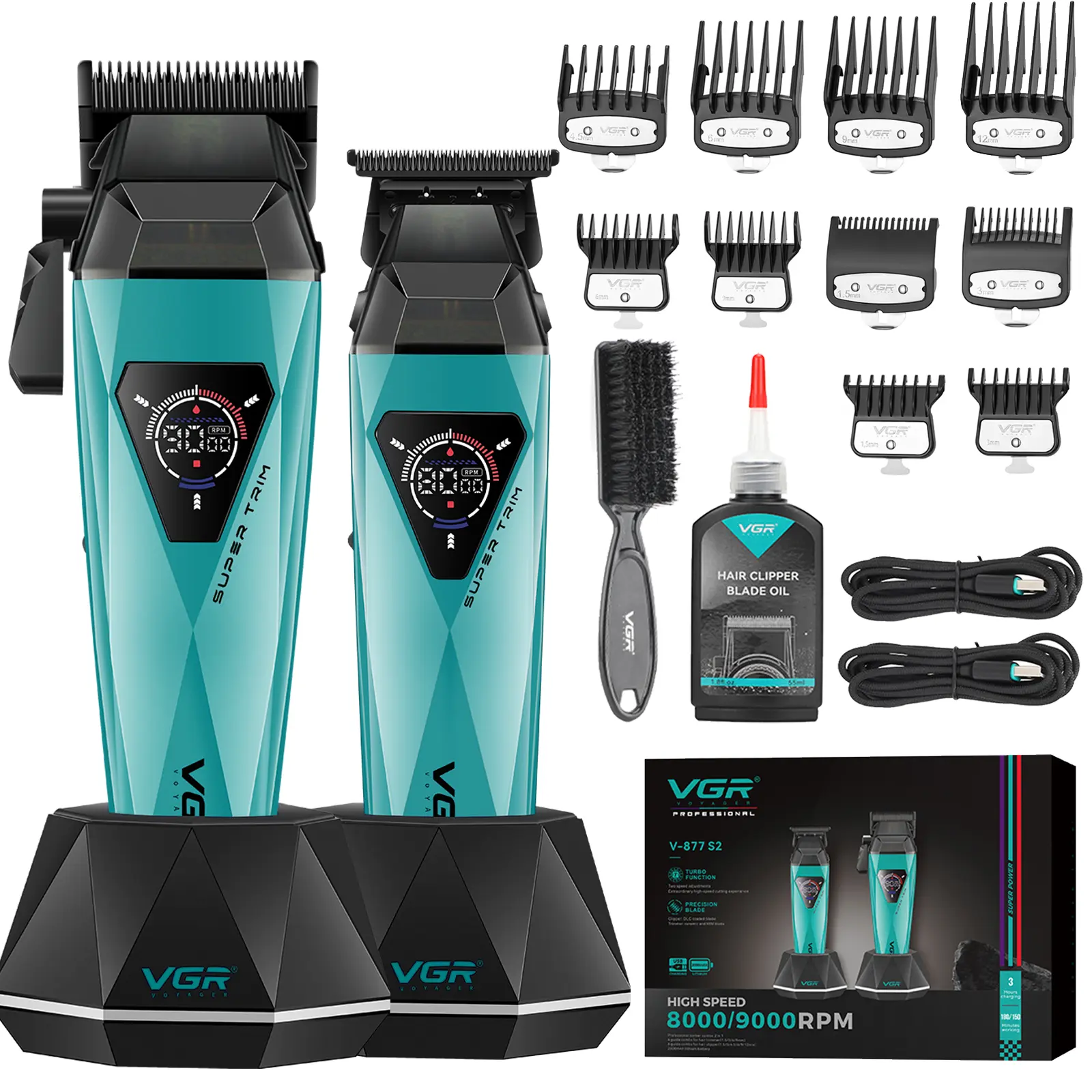 VGR877S2 Hair Clippers for Men 2in1 Professional Barber Clippers Combo Rechargeable Clipper&Trimmer Set with LED Display Charging Base 9000RPM Cordless DLC Blade  Durable Brush tiktokshopbacktoschool, Wireless Haircut Tool, Barber Equipment